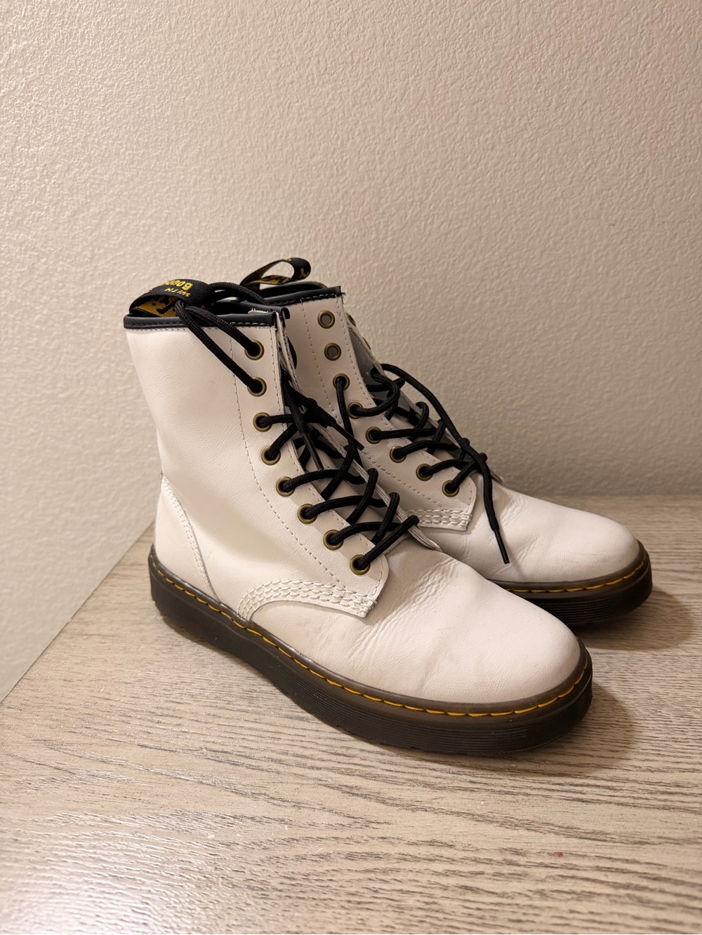 Dr. Martens White Leather Lace-Up Boots with Black Laces